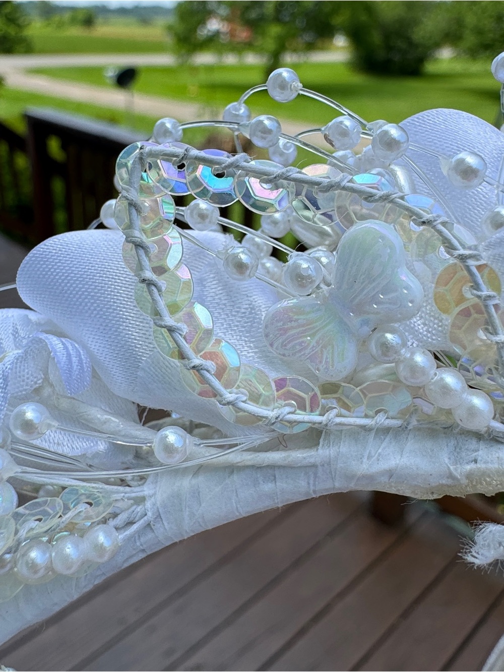 Vintage 80s 90s Bridal Veil Pearl Floral Halo Headpiece Two Tier Wedding 34.5” - Picture 7 of 14